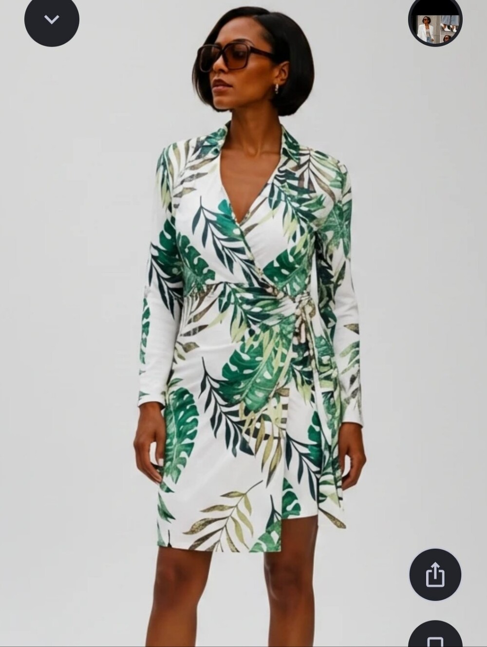 Nina Parker Green Tropical-Print Long-Sleeve Faux Wrap Dress with Self-Tie